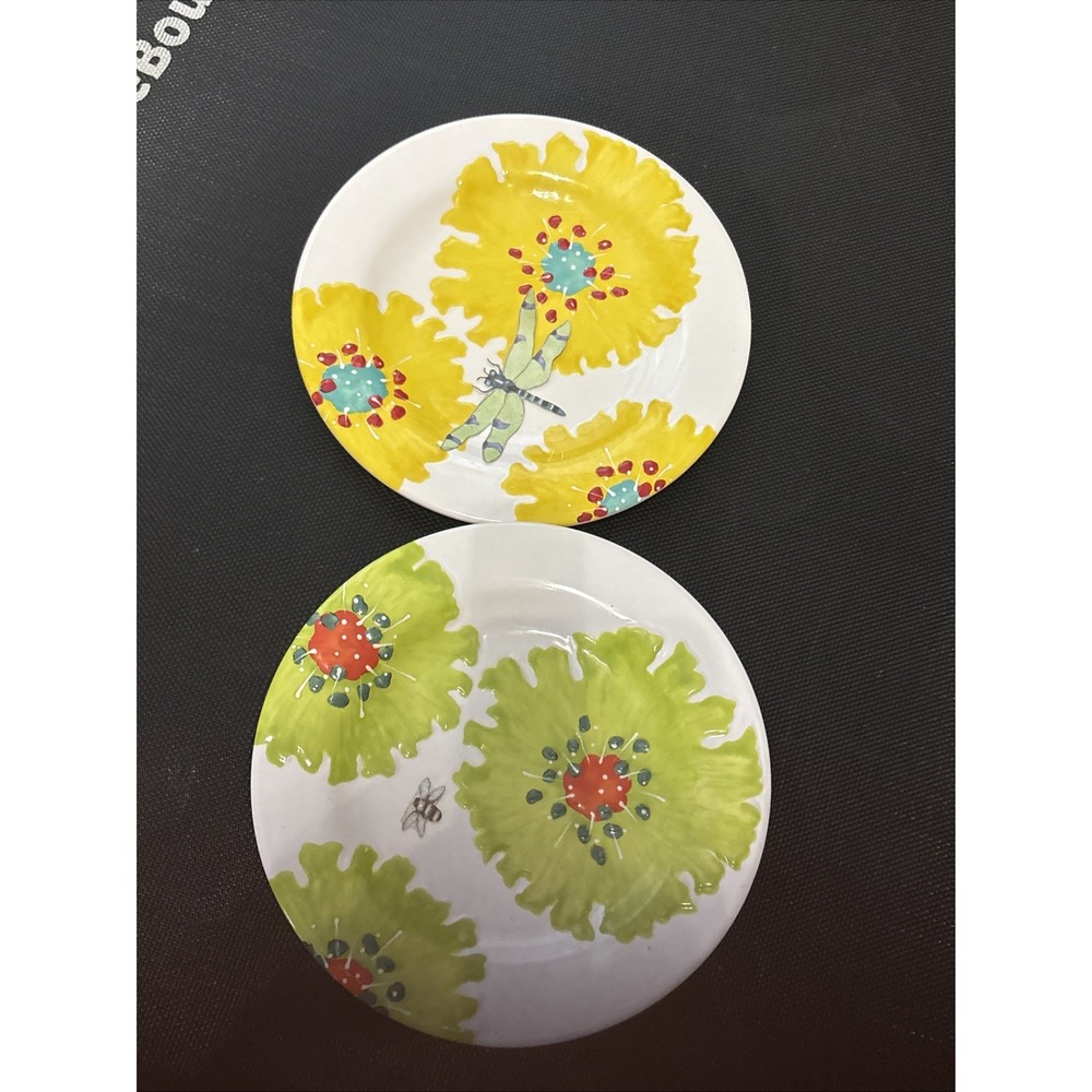 Set of 2 Colorful Floral Melamine Boho Flora Wall Plates Yellow Green Granny Mod